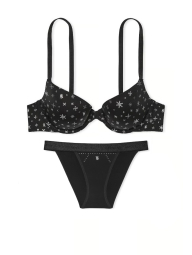 Гладкий комплект білизни Victoria's Secret погруддя з принтом та трусики танга зі стразами 1159840942 (Чорний 36G/L)