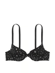 Гладкий комплект белья Victoria's Secret бюст с принтом и трусики танга со стразами 1159840942 (Черный 36G/L)