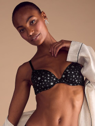 Гладкий комплект белья Victoria's Secret бюст с принтом и трусики танга со стразами 1159840942 (Черный 36G/L)