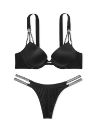 Шикарный комплект белья со стразами Victoria's Secret бюст Push-Up и трусики тонг 1159841625 (Черный 32C/S)
