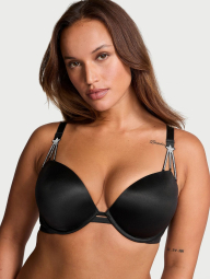 Шикарный комплект белья со стразами Victoria's Secret бюст Push-Up и трусики тонг 1159841625 (Черный 32C/S)