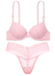 Кружевной комплект белья Victoria's Secret лиф Push-Up с пайетками и трусики тонг 1159842788 (Розовый 36B/L)