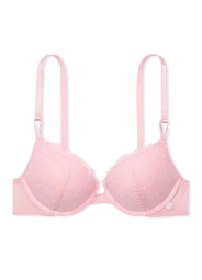 Кружевной комплект белья Victoria's Secret лиф Push-Up с пайетками и трусики тонг 1159841720 (Розовый 36B/M)