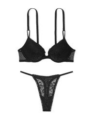Женский комплект белья Victoria's Secret лиф Push-Up и трусики тонг 1159841914 (Черный 34B/S)