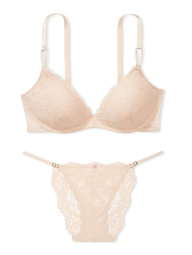 Кружевной комплект белья Victoria's Secret бюстгальтер Push-up и трусики бикини 1159842496 (Бежевый 34A/S)