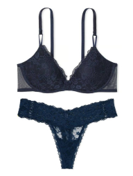 Кружевной комплект белья Victoria's Secret бюст Push-up и трусики тонг 1159842468 (Синий 34B/S)