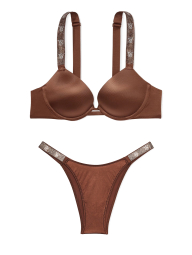 Гладкий комплект белья со стразами Victoria's Secret бюстгальтер Push-Up и трусики-бразильяны 1159844329 (Коричневый 32A/XS)