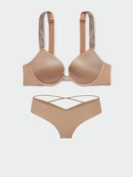 Гладкий комплект белья  Victoria's Secret лиф Push-up со стразами и трусики тонг 1159844837 (Бежевый 34A/S)