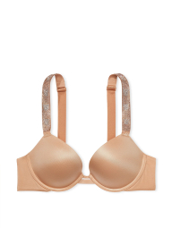 Гладкий комплект белья  Victoria's Secret лиф Push-up со стразами и трусики тонг 1159844837 (Бежевый 34A/S)