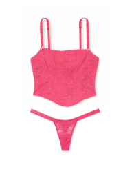 Кружевной комплект белья Victoria's Secret Pink корсетный топ и трусики тонг со стразами 1159846726 (Розовый XL)