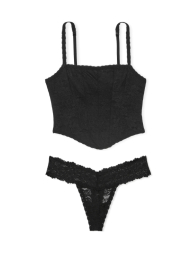 Мереживний комплект білизни Victoria's Secret Pink корсетний топ та трусики тонг 1159847289 (Чорний S)