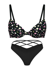 Гладкий комплект білизни Victoria's Secret погруддя з принтом та трусики танга 1159851243 (Чорний 34B/S)