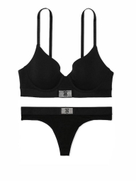 Женский комплект белья со стразами Victoria's Secret лиф и трусики тонг 1159851707 (Черный 40C/XL)