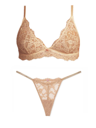 Кружевной комплект белья Victoria's Secret бралетт триангл и трусики стринги со стразами 1159852765 (Бежевый XL)