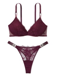 Кружевной комплект  Victoria's Secret бюст Push-Up и трусики тонг со стразми 1159853318 (Бордовый 34D/S)