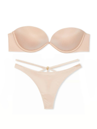 Гладкий комплект белья Victoria's Secret лиф Push-up и трусики тонг 1159855287 (Бежевый 34B/S)