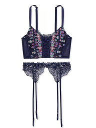Комплект белья с вышивкой Victoria's Secret корсет и пояс для чулок 1159855165 (Синий XS)