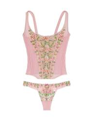 Комплект белья с вышивкой Victoria's Secret корсет и трусики тонг 1159856245 (Розовый XL)