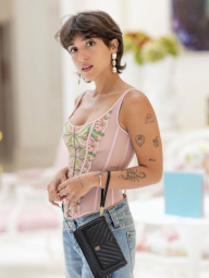 Комплект белья с вышивкой Victoria's Secret корсет и трусики тонг 1159856245 (Розовый XL)