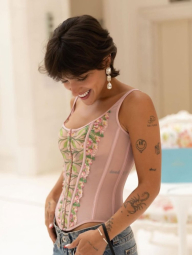 Комплект белья с вышивкой Victoria's Secret корсет и трусики тонг 1159856245 (Розовый XL)