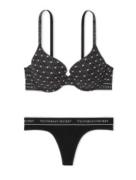 Женский комплект белья Victoria's Secret лиф Push-up и трусики тонг 1159856344 (Черный 32C/XS)