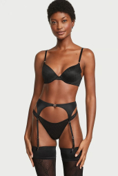 Комплект белья Victoria's Secret бюст Push-Up и трусики тонг с поясом для чулок 1159856480 (Черный 32B/S)