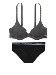Женский комплект белья Victoria's Secret лиф и трусики хипхаггеры 1159859517 (Черный/Серый 36C/L)