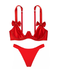 Атласный комплект белья Victoria's Secret бюст-балконет и трусики тонг с помпонами 1159861144 (Красный M)