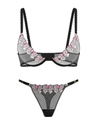 Полупрозрачный комплект белья с вышивкой Victoria's Secret бюстгальтер и трусики тонг 1159863708 (Черный 36B/M)