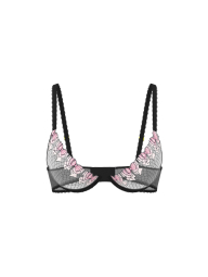 Полупрозрачный комплект белья с вышивкой Victoria's Secret бюстгальтер и трусики тонг 1159863708 (Черный 36B/M)