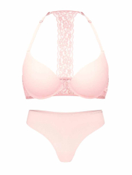 Гладкий комплект білизни Victoria's Secret ліф Push-Up з мереживом та трусики тонг 1161228884 (Рожевий 36B/M)