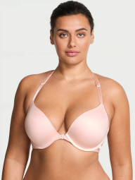 Гладкий комплект білизни Victoria's Secret ліф Push-Up з мереживом та трусики тонг 1161228884 (Рожевий 36B/M)