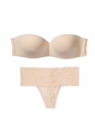 Комплект білизни Victoria's Secret PINK ліф Push-up та мереживні трусики тонг 1161235098 (Бежевий 32C/S)