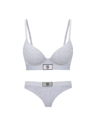 Женский комплект белья с логотипом из страз Victoria's Secret лиф и трусики тонг 1161513594 (Серый 40D/XXL)