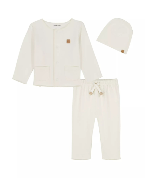 Детский комплект Calvin Klein лонгслив, штаны и шапочка 1159849849 (Молочный 0-3M) на рост 56-61 см