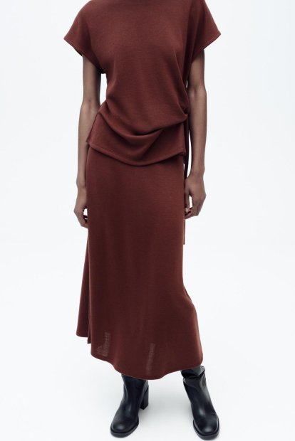 Женский вязаный костюм ZARA футболка и юбка 1159842957 (Бордовый S)