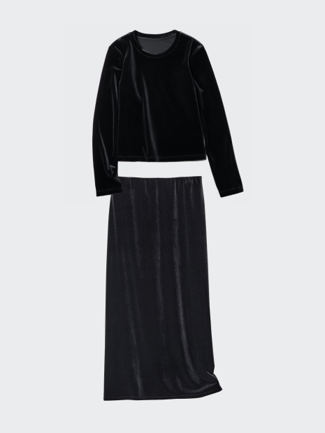 Женский велюровый костюм UNIQLO лонгслив и юбка 1159854329 (Черный M)