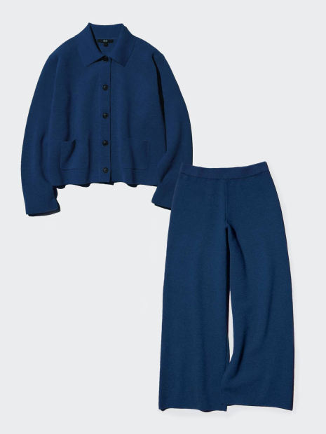 Вязаный женский костюм UNIQLO куртка-рубашка и штаны 1159855549 (Синий XL)