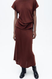 Женский вязаный костюм ZARA футболка и юбка 1159842957 (Бордовый S)