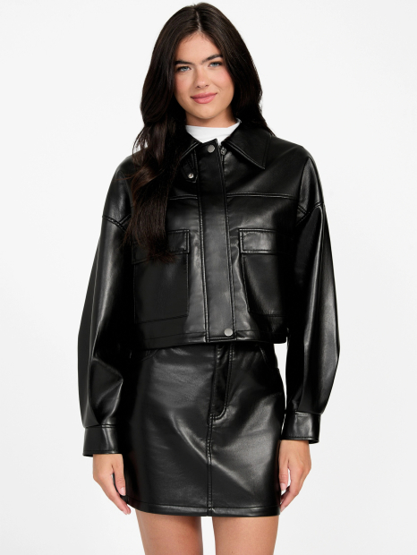 Женская укороченная куртка из экокожи GUESS на молнии 1159859292 (Черный L)