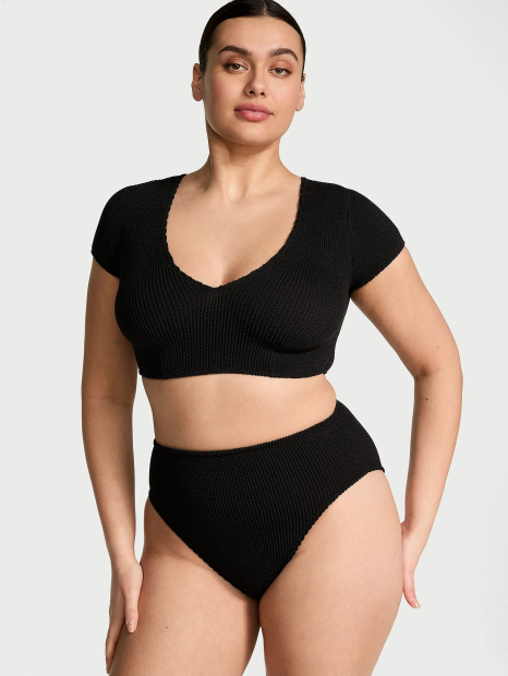 Раздельный купальник из жатой ткани Victoria's Secret топ и плавки с высокой посадкой 1159853200 (Черный M/L)