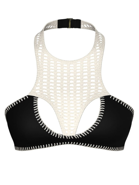 Роздільний купальник з в'язаним оздобленням Victoria's Secret топ та плавки тонг 1159857795 (Чорний/Молочний S)