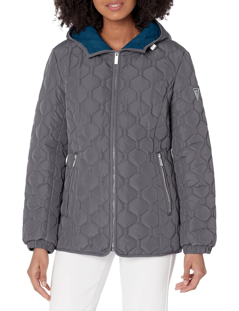 Жіноча стьобана куртка Guess з капюшоном 1159839750 (Сірий S)