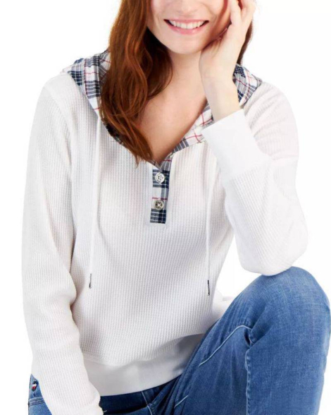 Жіночий лонгслів з капюшоном Tommy Hilfiger із вафельної тканини 1159838581 (Білий XS)