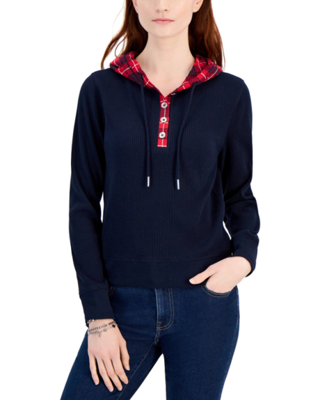 Женский лонгслив с капюшоном Tommy Hilfiger из вафельной ткани 1159839071 (Синий M)