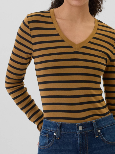 Лонгслив в полоску GAP с V-образным вырезом 1159854838 (Коричневый M)