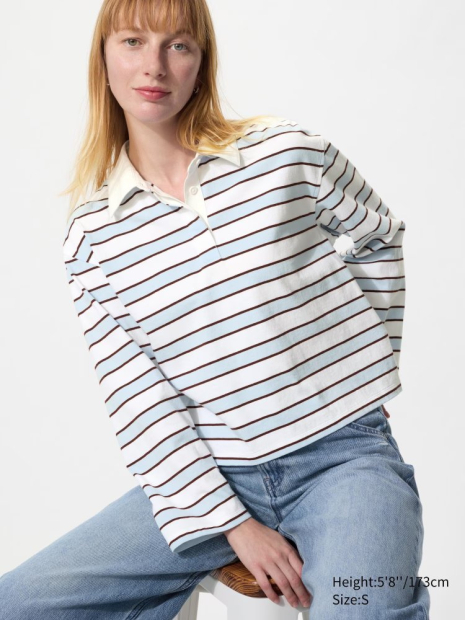 Лонгслив-поло UNIQLO в полоску 1159863058 (Белый/Голубой S)