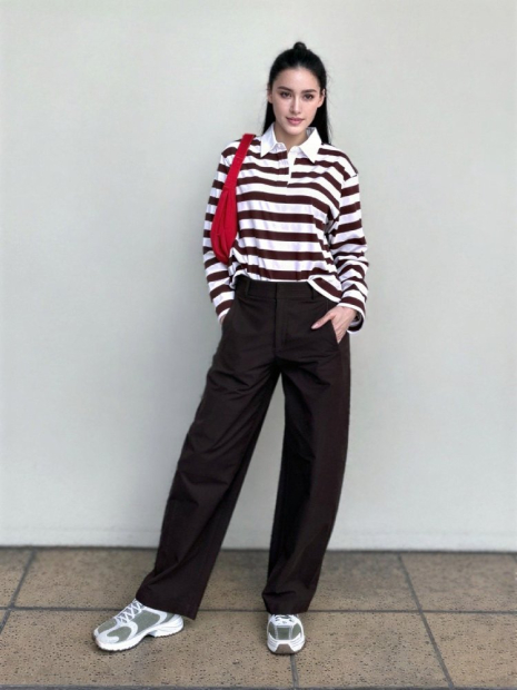 Лонгслив-поло UNIQLO в полоску 1159863067 (Коричневый/Розовый S)