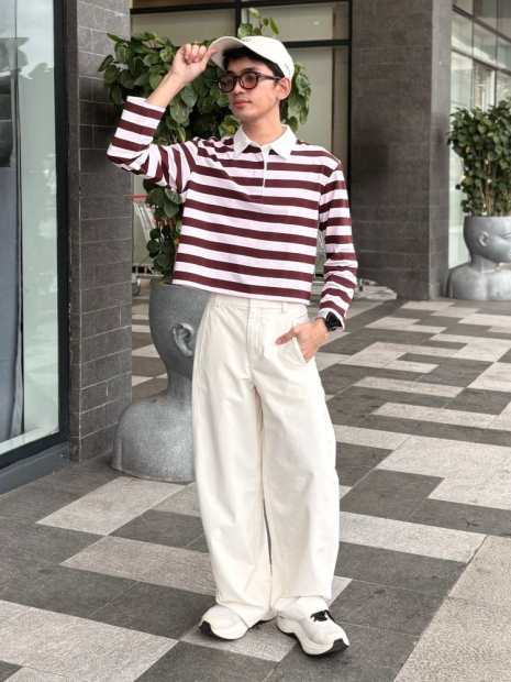 Лонгслив-поло UNIQLO в полоску 1159863067 (Коричневый/Розовый S)