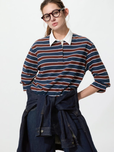Лонгслив-поло UNIQLO в полоску 1159863077 (Коричневый/Синий S)